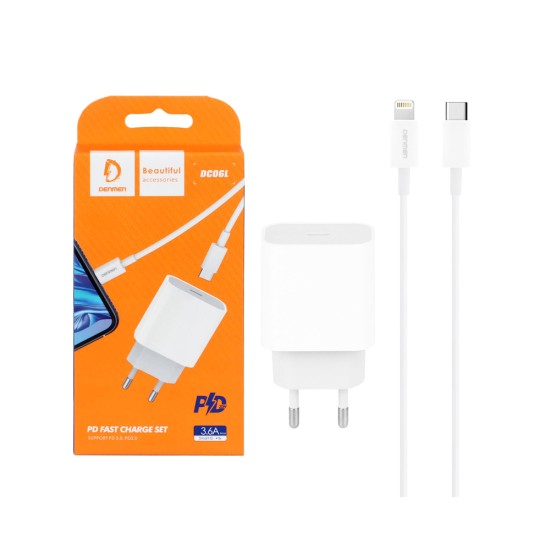 Denmen Home Charger DC06L 20W Cable Type-c to LIghtning White